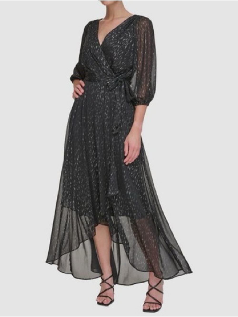 DKNY Black Chiffon Metallic Surplice 3/4 Sleeve Self-Tie Dress Size 4